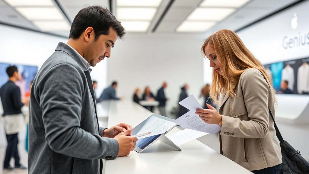 Apple Support representative assisting customer at Genius Bar counter, examining iPad with documentation papers visible, professional retail environment, clear overhead lighting