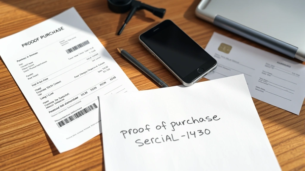 Flat lay of proof of purchase documents including retail receipt, credit card statement, and device serial number written on paper, organized on wooden desk, natural daylight