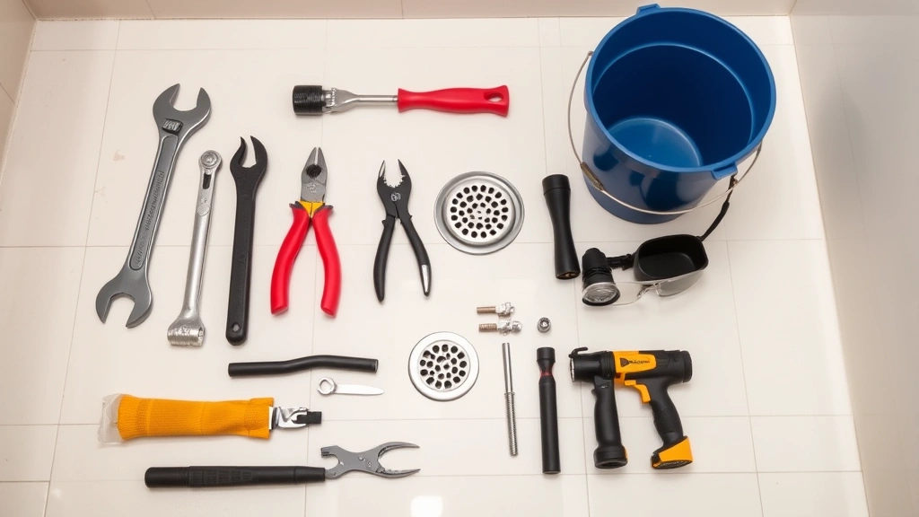 Organized collection of plumbing tools laid out on a clean bathroom floor including adjustable wrench, screwdrivers, needle-nose pliers, bathtub drain wrench, bucket, flashlight, and safety glasses ready for drain removal