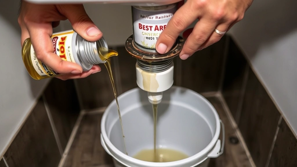Hands applying penetrating oil around a corroded bathtub drain body, showing the liquid dripping down the drain connection, with a bucket positioned below to catch drips, demonstrating the preparation step before removal