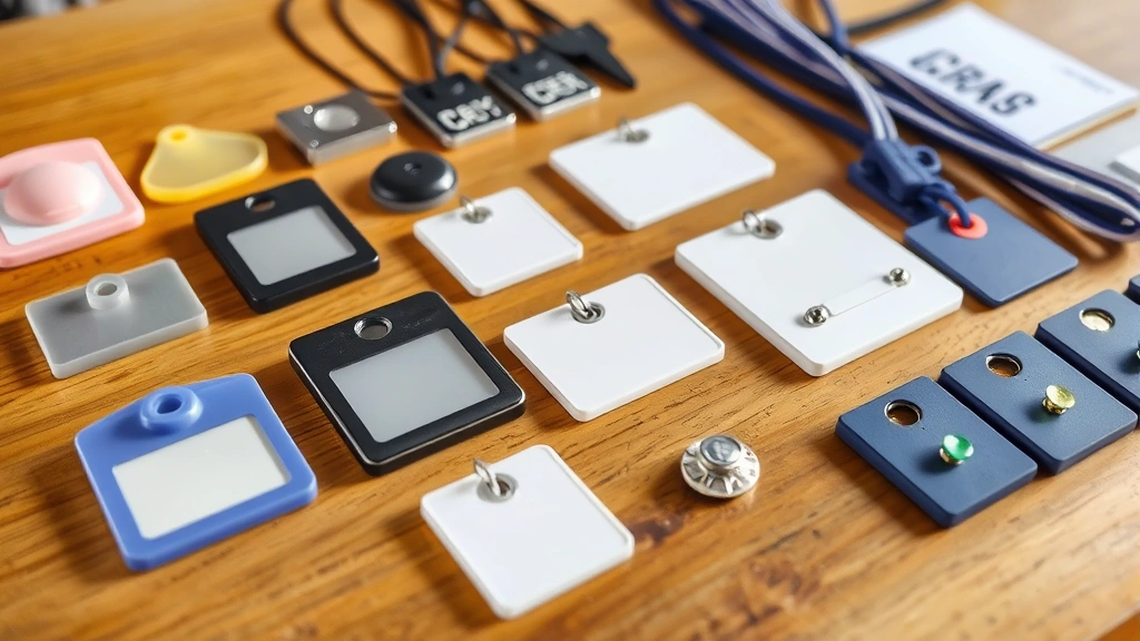 Close-up of various clothing security tag types displayed on a wooden workbench, including plastic clamshell tags, magnetic tags, and pin-based tags arranged in rows with natural lighting