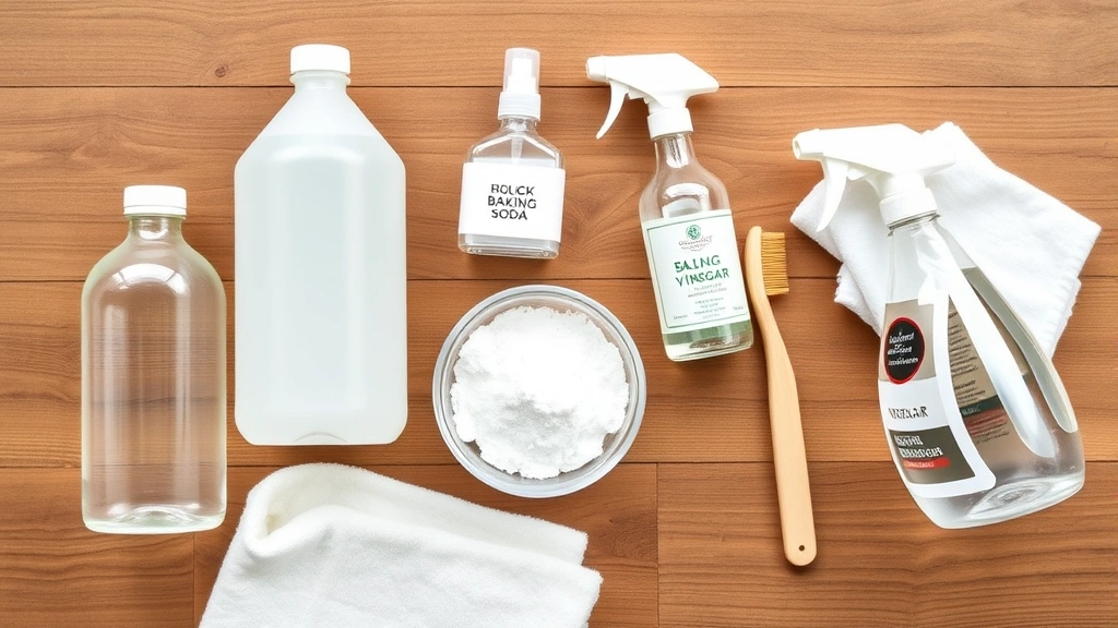 Flat lay of cleaning supplies for stain removal: white vinegar bottle, baking soda in small bowl, hydrogen peroxide bottle, soft brush, and spray bottle on wooden table with folded white towel