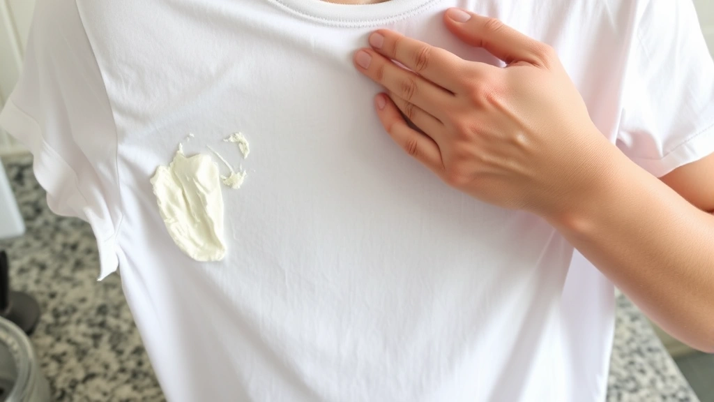 Person's hands applying paste-like baking soda treatment to underarm area of white t-shirt stretched over countertop, showing the thick consistency of the mixture being worked into fabric