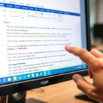 Close-up of computer monitor displaying Microsoft Word document with mixed formatting colors and styles, person's hand hovering over Home tab ribbon with Clear Formatting button visible, modern office desk background
