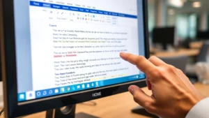 Close-up of computer monitor displaying Microsoft Word document with mixed formatting colors and styles, person's hand hovering over Home tab ribbon with Clear Formatting button visible, modern office desk background