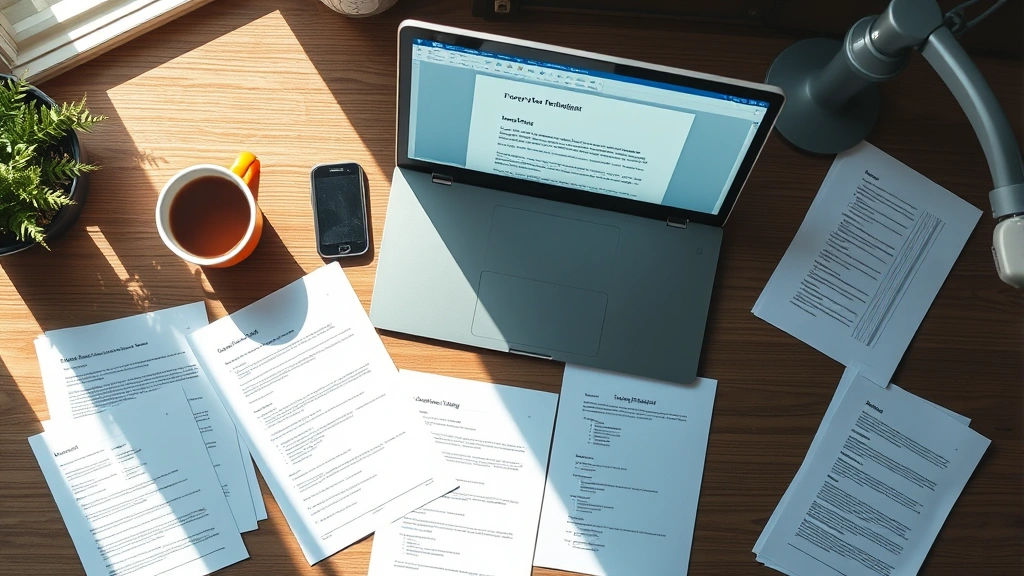 Overhead view of desk with open laptop showing Word document, scattered papers with formatting examples, coffee cup nearby, natural sunlight from window illuminating workspace