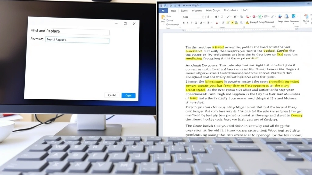 Split-screen computer display showing Find and Replace dialog box open on left side, formatted Word document with highlighted text on right side, keyboard in foreground with Ctrl key visible
