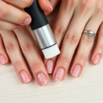 Close-up of hands with gel nail polish being filed with a nail buffer to remove the top glossy coat, showing proper technique and hand positioning on a light wooden surface