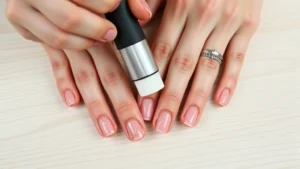 Close-up of hands with gel nail polish being filed with a nail buffer to remove the top glossy coat, showing proper technique and hand positioning on a light wooden surface