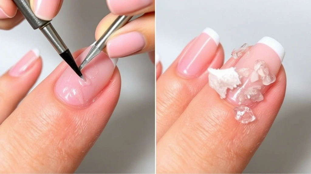 Hands showing the scraping away of softened gel polish with a cuticle pusher tool, with translucent gel chunks lifting off the nail plate, showing the final removal stage