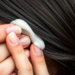 Close-up of hands applying petroleum jelly barrier along hairline before hair coloring, showing protective cream application technique on skin near dark hair
