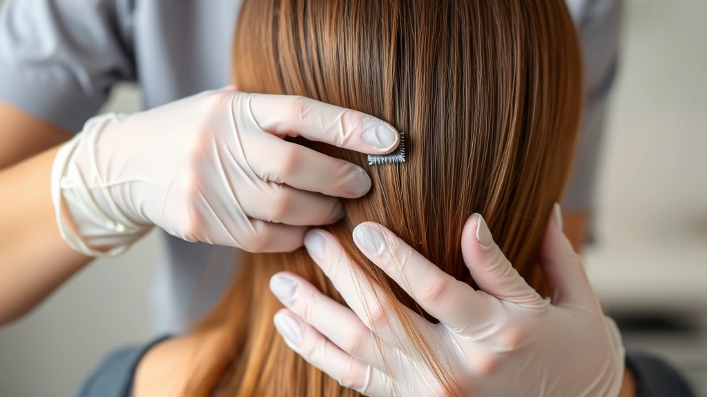 Person's hands wearing disposable latex gloves while applying hair dye to roots, showing proper protective equipment and careful sectioning technique for home hair coloring