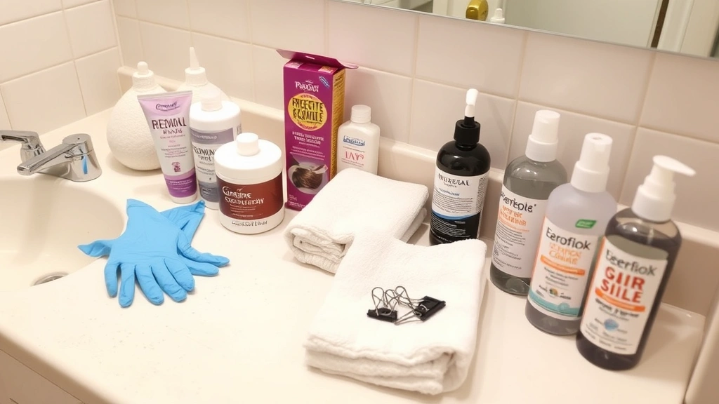 Bathroom counter with organized hair dye supplies including protective barrier cream, disposable gloves, sectioning clips, old towels, and applicator bottles for DIY hair coloring setup