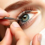 Close-up of hands using tweezers to gently remove a false lash extension from an eye, with warm oil bottle nearby on white surface, professional lighting showing delicate technique