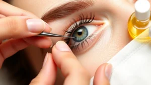 Close-up of hands using tweezers to gently remove a false lash extension from an eye, with warm oil bottle nearby on white surface, professional lighting showing delicate technique