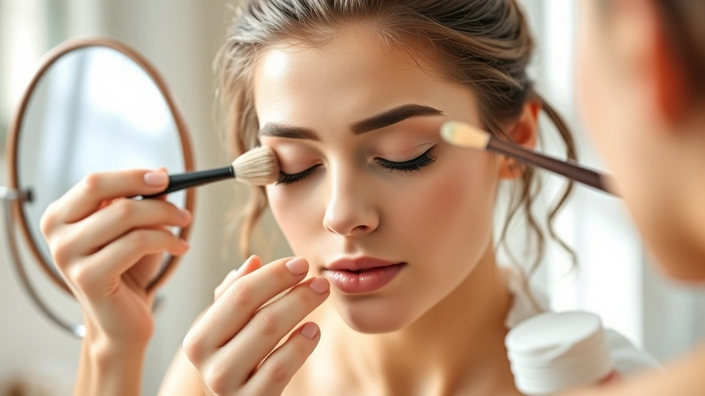 Woman applying warm coconut oil along lash line with microfiber applicator brush, eyes closed, magnifying mirror visible, soft natural bathroom lighting, lint-free pads on counter
