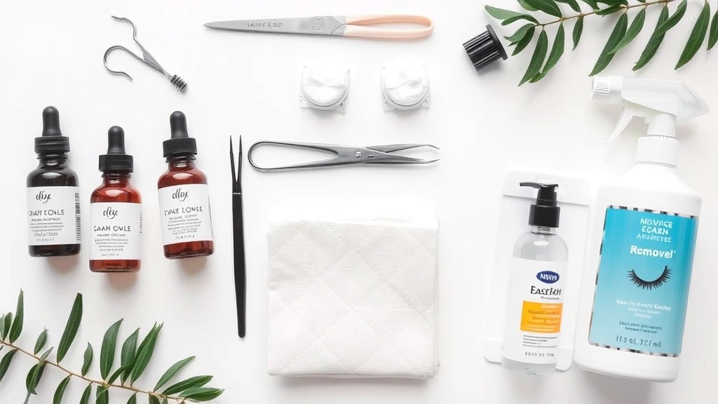 Arranged flat-lay of lash removal supplies including bottles of oils, tweezers, cotton pads, warm compress cloth, steamer, and adhesive remover on clean white background with organized spacing