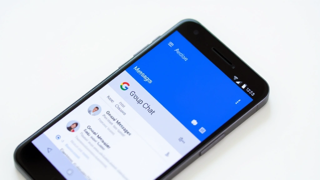 Android smartphone displaying Google Messages app interface with group chat selected, menu options visible at top of screen, neutral professional setting