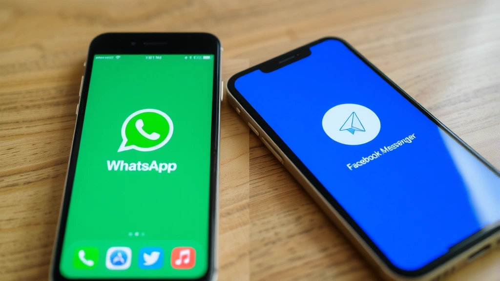 Split-screen showing iPhone and Android phones side-by-side displaying different messaging apps (WhatsApp, Telegram, Facebook Messenger), both phones at slight angles on wooden desk