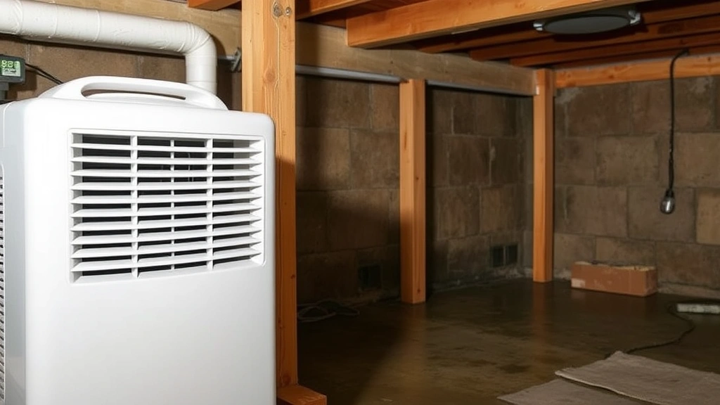 Dehumidifier running in a damp basement corner near wooden joists and support beams, with moisture meter displaying humidity levels