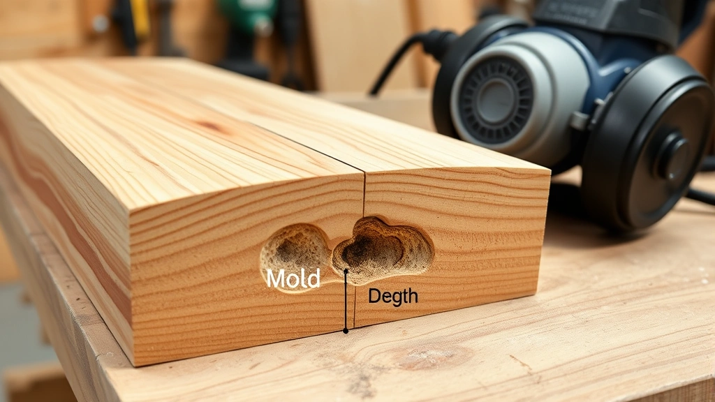 Cross-section of wood showing mold penetration depth comparison, with sanding equipment and safety respirator mask on wooden workbench