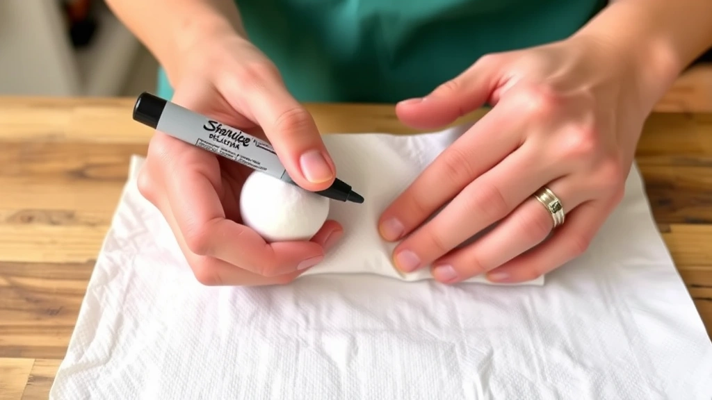 Person carefully treating Sharpie mark on light colored fabric with cotton ball and solvent, showing blotting technique on paper towels underneath, hands visible performing gentle removal method, realistic home setting