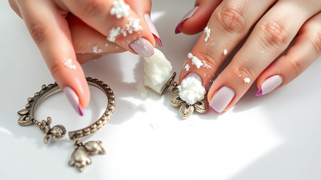 Close-up of person's hands applying baking soda paste to tarnished silver jewelry on white surface, soft natural lighting showing paste texture and silver shine contrast