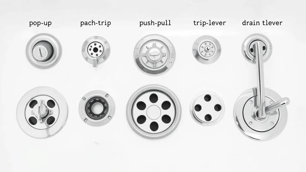 Close-up of various bathtub drain types displayed side-by-side including pop-up stoppers, push-pull drains, and trip-lever mechanisms, showing different drain styles on white background