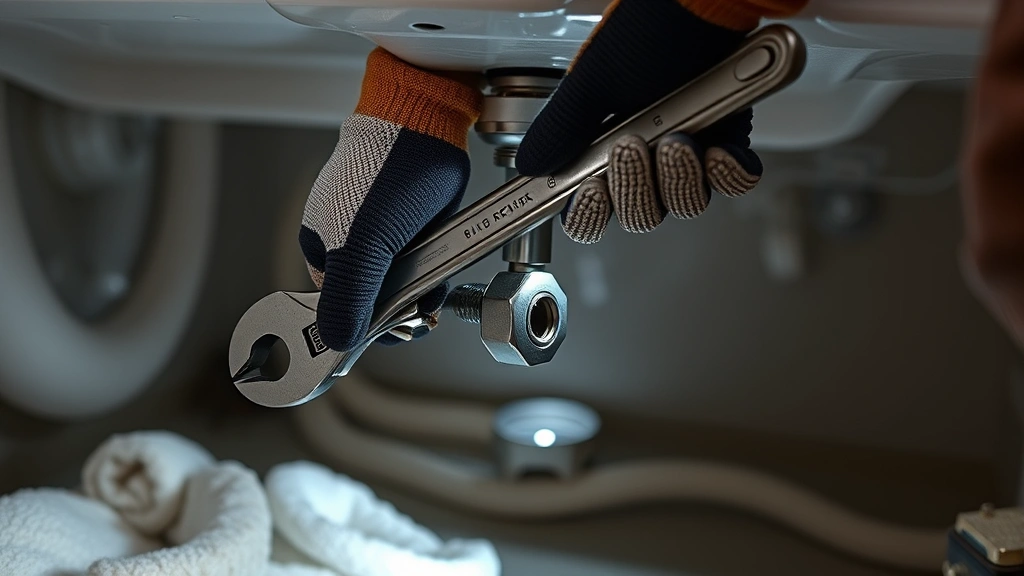 Person wearing work gloves using an adjustable wrench to loosen a locknut under a bathtub, with towels on floor and flashlight visible in workspace