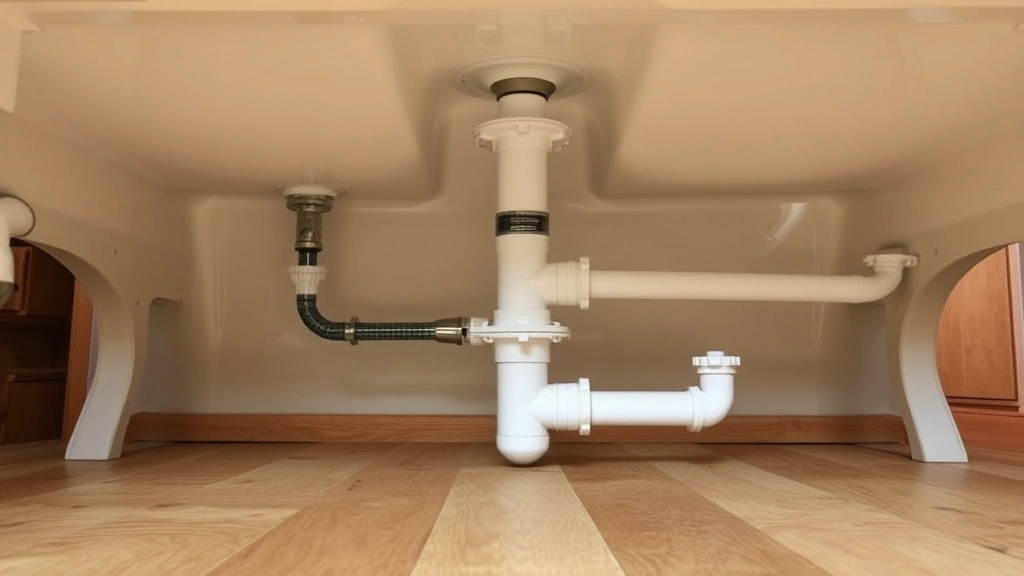 Underneath view of bathtub plumbing showing P-trap, overflow tube connection, and drain body assembly with pipes and fittings clearly visible against wooden subfloor