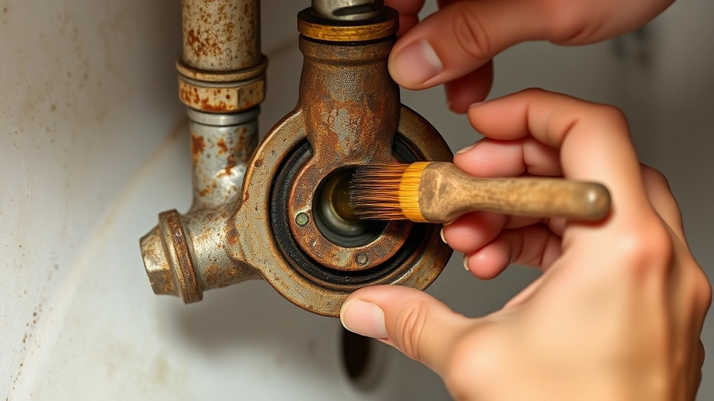 Hands applying penetrating oil around corroded metal drain connection points with a small brush, demonstrating rust-loosening technique on aged bathroom plumbing