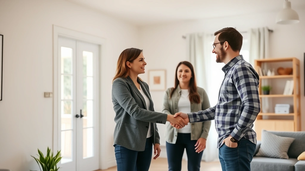 Professional landlord showing clean, well-maintained house interior to prospective tenant couple, bright natural lighting, modern furnishings visible, handshake in foreground