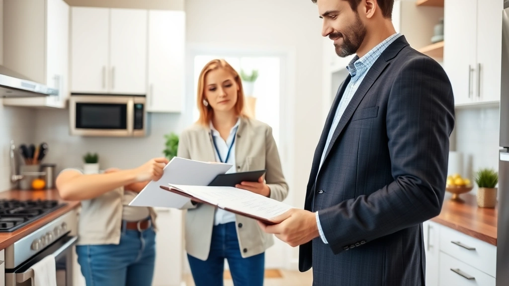 Landlord conducting property inspection checklist, examining kitchen appliances and fixtures, clipboard in hand, bright well-lit home interior, professional appearance