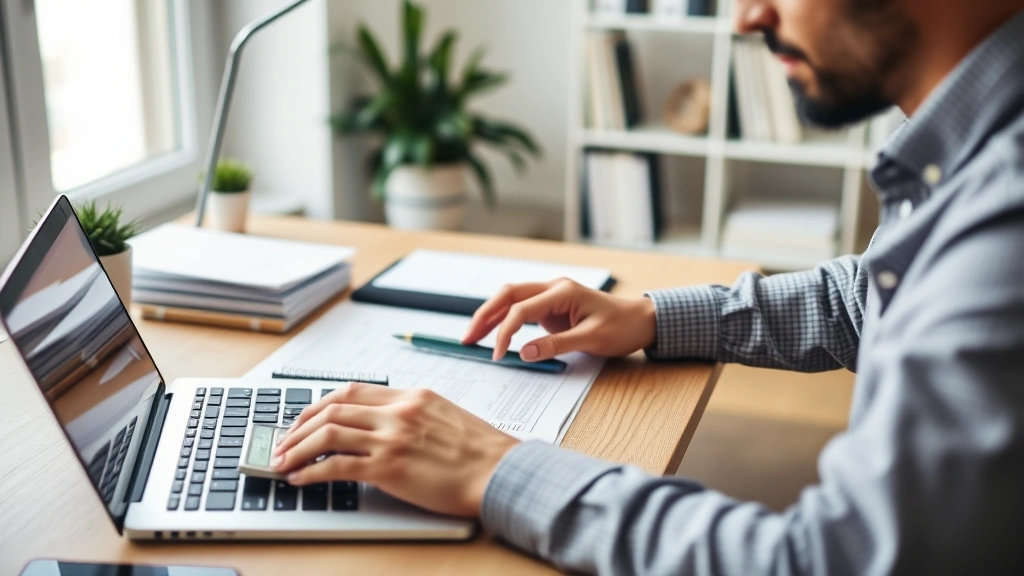 Tenant paying rent electronically on laptop at home desk, financial documents and calculator visible, organized home office setup, peaceful focused expression