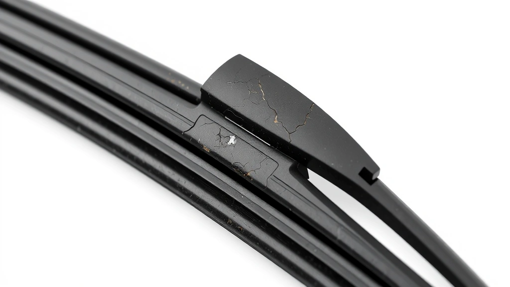 Close-up of weathered wiper blade showing cracked rubber and deterioration against white background, demonstrating wear patterns and need for replacement