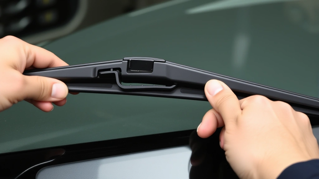 Hands positioning new wiper blade onto metal wiper arm with release tab visible, showing proper alignment and installation technique