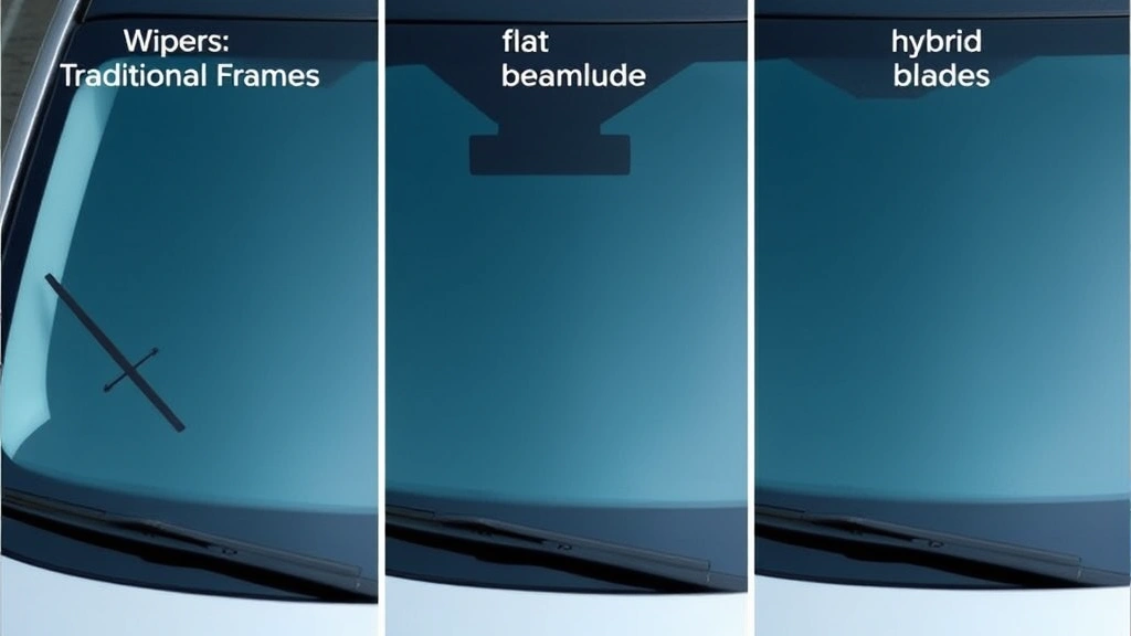 Side-by-side comparison of three different wiper blade types: traditional frame blade, flat beam blade, and hybrid blade on clean windshield