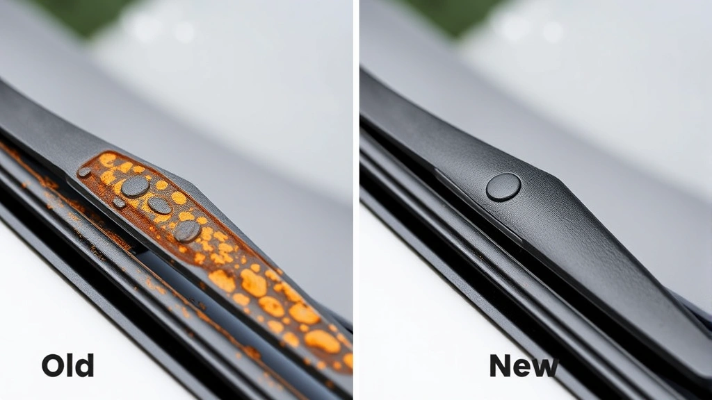 Comparison of old versus new wiper blades side by side, highlighting difference in rubber condition and structural integrity