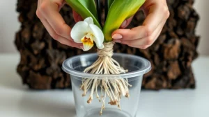 Close-up of hands gently removing an orchid plant from a clear plastic pot, showing healthy white and green roots against dark bark medium, bright indoor lighting