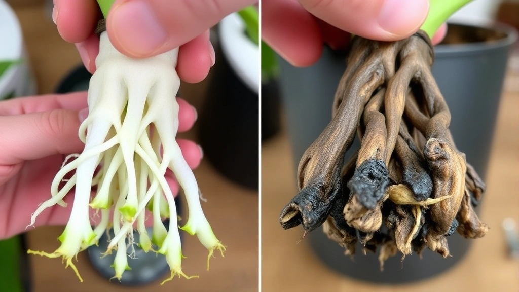 Side-by-side comparison of healthy orchid roots (firm, white, green-tipped) and unhealthy roots (dark, mushy, deteriorated) being inspected during repotting process