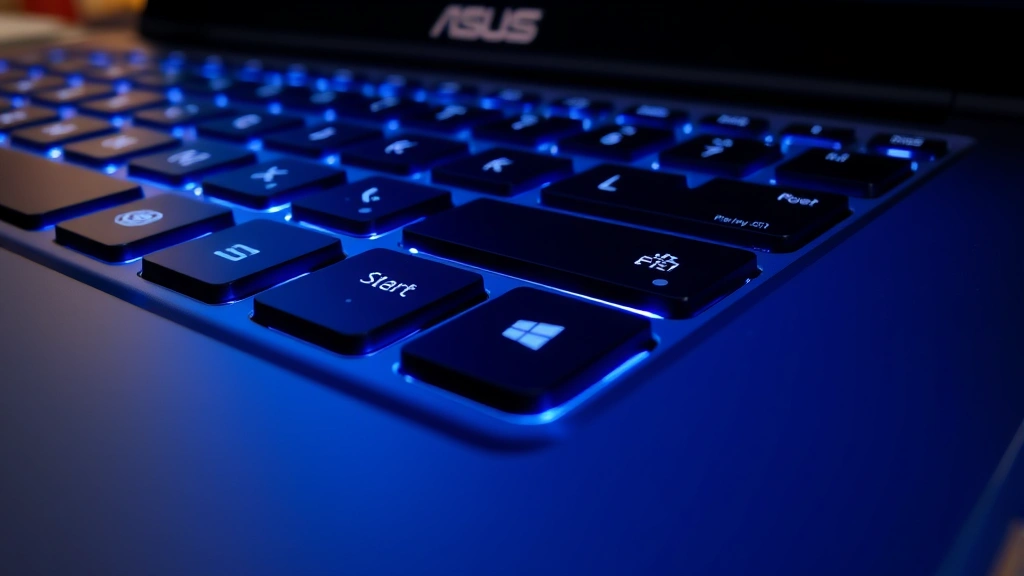 Close-up of ASUS laptop keyboard showing Start key, Windows logo, and power button location with clear lighting