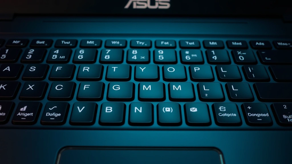 ASUS laptop keyboard with highlighted function keys and special keys used for system shortcuts, photorealistic detail