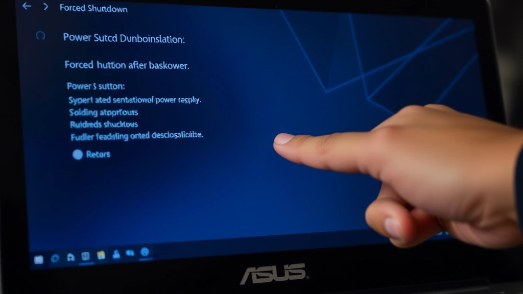 Person's hand pressing and holding the power button on an ASUS laptop during forced shutdown procedure