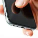 Close-up of iPhone side button and volume buttons clearly visible on device edge, showing proper hand positioning for force restart gesture, clean white background, professional photography