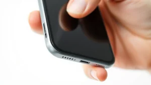 Close-up of iPhone side button and volume buttons clearly visible on device edge, showing proper hand positioning for force restart gesture, clean white background, professional photography