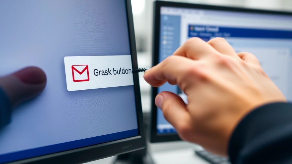 Hands using computer mouse to click Gmail trash folder recovery button, dual monitor setup visible, professional office environment, demonstrating email restoration process