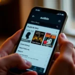 Close-up of hands holding a smartphone displaying the Audible app library interface with audiobook covers visible and a menu dropdown showing return options, warm indoor lighting, realistic mobile screen display