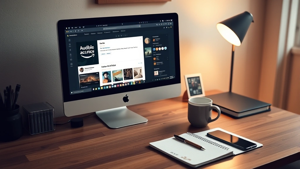 Flat lay shot of desk workspace showing computer monitor displaying Audible website library page, notebook with pen, coffee cup, and smartphone nearby, organized home office setup with warm lighting