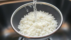 Close-up of fine-mesh strainer holding white rice under running cool water, rice grains visible through clear plastic strainer, kitchen sink background, daylight from window