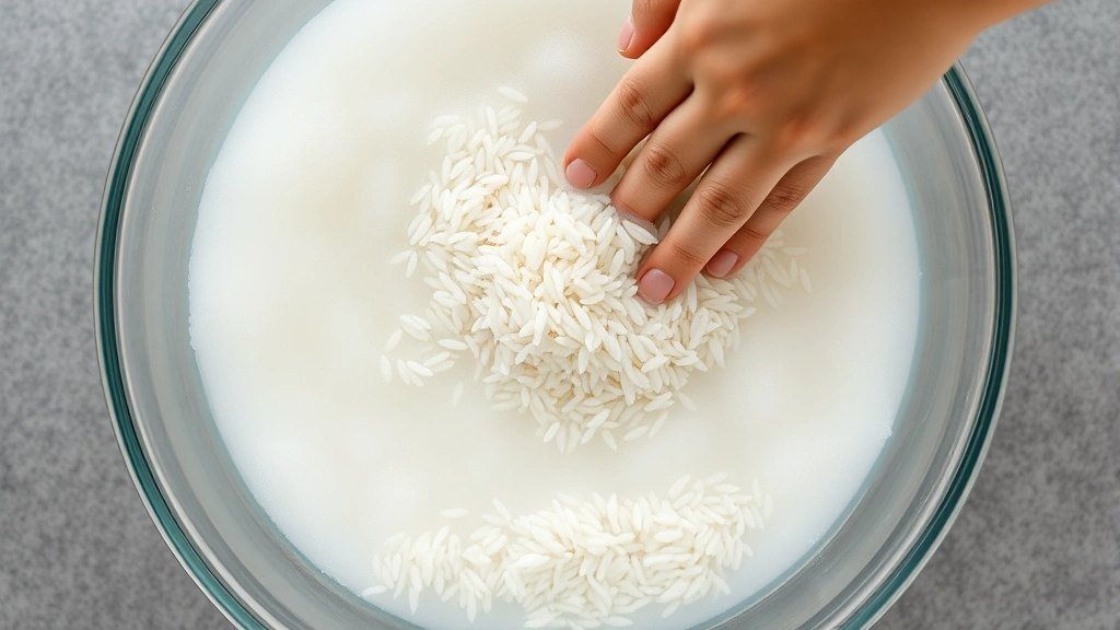 Overhead view of large glass mixing bowl filled with cloudy white water and rice grains, hand gently stirring rice with fingers visible in water, white rice settling at bottom